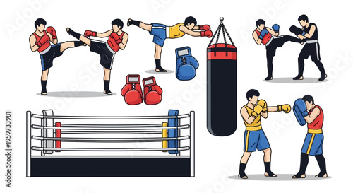 Collection of Martial Arts Combat Sports Training Elements Including Athletes and Equipment Like Boxing Ring Heavy Bag Gloves and Pads Demonstrating