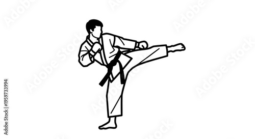 Martial Arts Athlete Performing A Side Kick In A White Uniform With A Black Belt Dynamic Action Pose Isolated On White Background For Sports And
