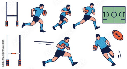 Rugby Player Action Sequence Showing Ball Carrying Movement and Game Elements for Sports Concept