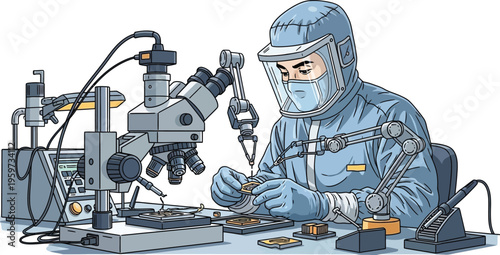 Technician working with advanced microchip technology