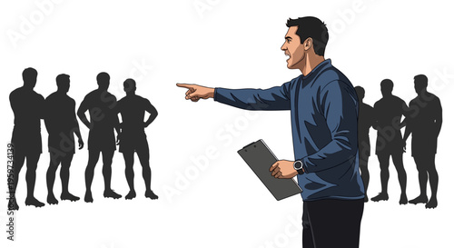 Male leader directs team members with clear gesture holding clipboard during outdoor activity preparation and strategy session