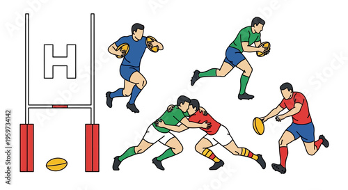 Rugby players in action near goalposts with an oval ball depicting different game moments including running tackling and passing for sports concepts