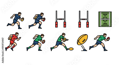 Rugby sport action collection with players kicking and running on field with goalposts and ball ready for scoring