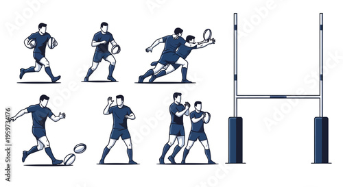 Rugby Players Demonstrate Tackling Passing Kicking And Goal Posts For Sports Action Concepts