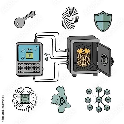 Illustration of secure digital currency transactions and data protection concepts, featuring blockchain, biometrics, and cryptographic elements for modern financial technology
