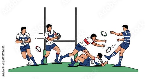 Athletic men in uniform compete in a dynamic field game involving a ball and goalposts showcasing teamwork and action