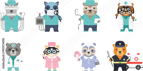 Cute animal doctors and medical professions set with bear raccoon and lion, healthcare cartoon characters flat vector illustration collection for kids design
