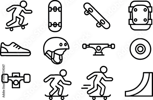 Vector illustration of skateboarding icons with diverse elements representing the sport and its gear