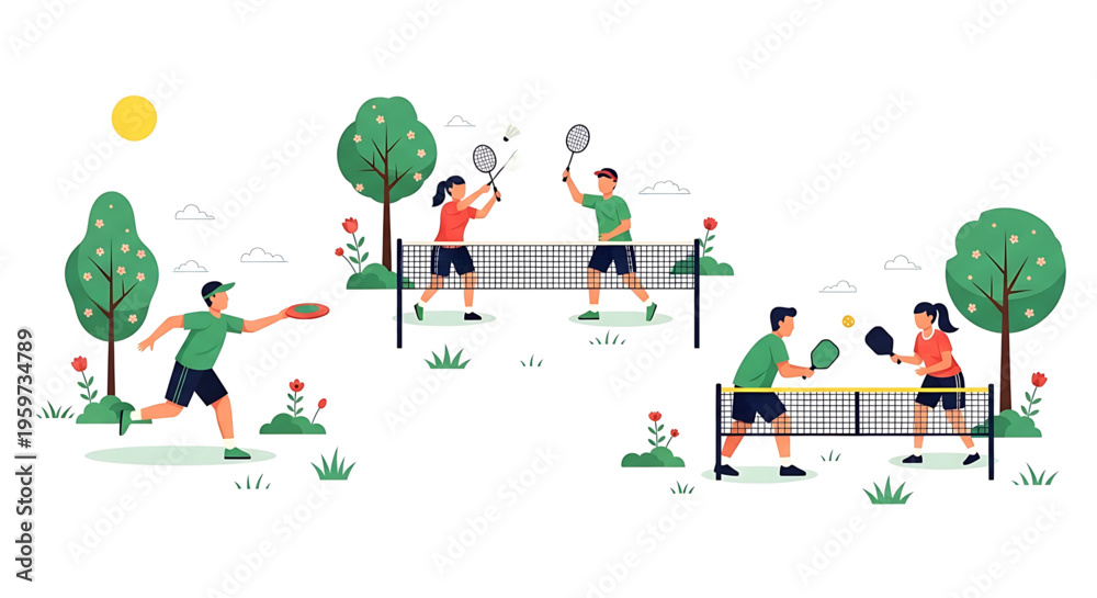 Fototapeta premium A colorful vector illustration of people playing tennis and pickleball in a park on a sunny day