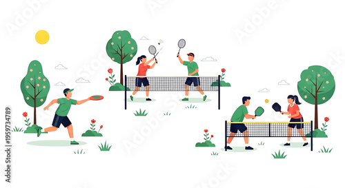 A colorful vector illustration of people playing tennis and pickleball in a park on a sunny day