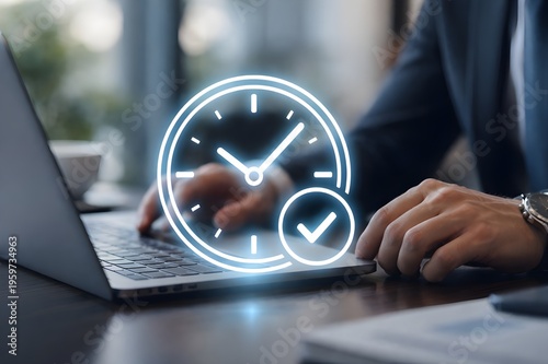 Businessman working on laptop with clock and check mark for time management