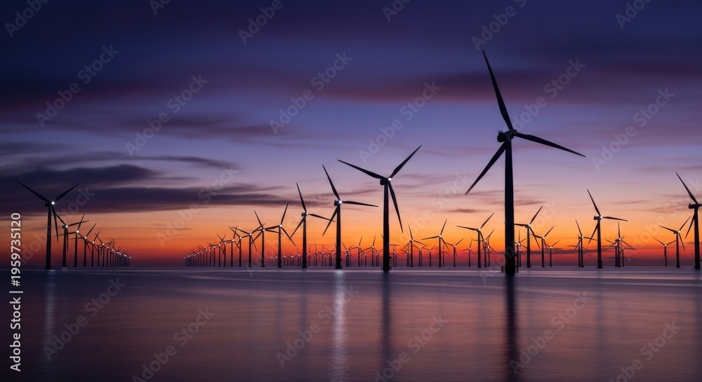Obraz premium Rows of wind turbines in the ocean at sunset with a purple sky and reflections on the water