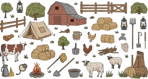 Farm life elements set with barn animals tools hay bales and rural objects, rustic countryside agriculture flat vector illustration