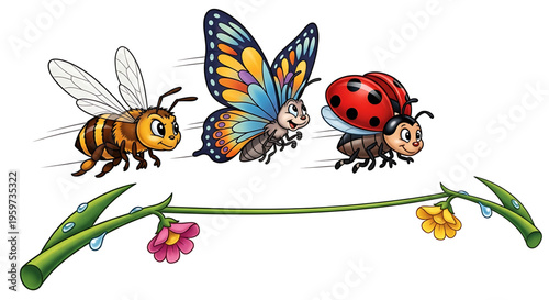 A colorful vector illustration of a bee, butterfly, and ladybug walking on a flower stem with water droplets
