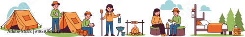 Family camping activities set with tent campfire cooking and outdoor leisure, people enjoying nature flat vector illustration collection for travel design
