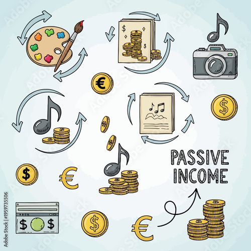 Passive income concepts illustrated with creative assets and money symbols, showcasing financial growth and revenue streams