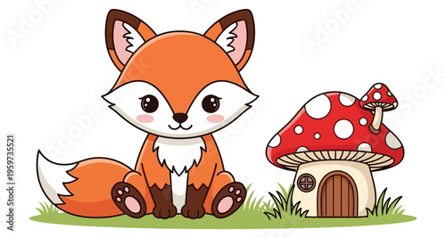 Cute Sitting Fox Next to Whimsical Mushroom House in Grassy Field Cartoon Vector Illustration