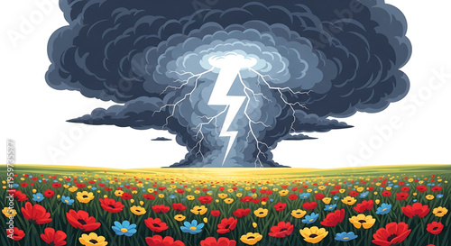A vector graphic illustration of a stormy weather icon with a lightning bolt over a field of colorful flowers