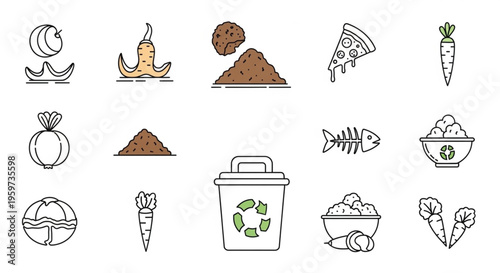Organic Waste and Composting Line Icon Set
