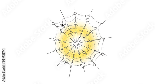 A vector graphic illustration of a spider web with a yellow center and two black spiders