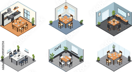 Isometric restaurant interiors set with dining rooms kitchen and cafe spaces, modern hospitality flat vector illustration collection for architecture design