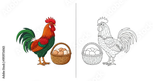 Rooster Standing Beside Basket of Eggs Detailed Sketch and Color Illustration Farmyard Scene