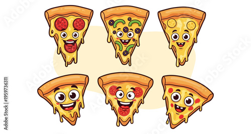 Six Cheesy Pizza Slices with Expressive Cartoon Faces Melting Cheese and Toppings on Yellow Background
