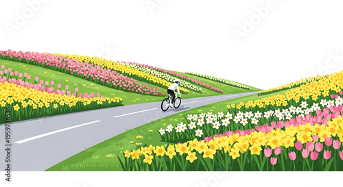 A cyclist rides along a scenic road lined with vibrant flowers in a beautiful landscape