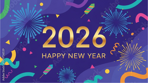 Vibrant fireworks explode in night sky with colorful confetti and 2026 Happy New Year text