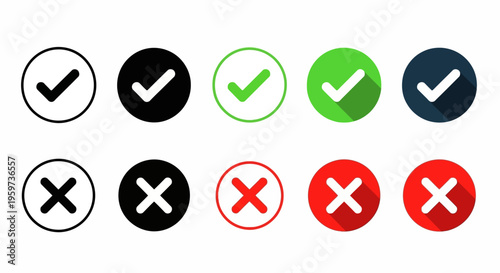 Versatile vector set of check mark and cross icons, perfect for indicating approval, rejection, success, or error states in modern user interface designs