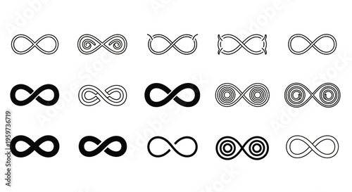 A diverse collection of stylized infinity symbols, embodying concepts of endlessness, eternity, and limitless possibilities through various graphic designs