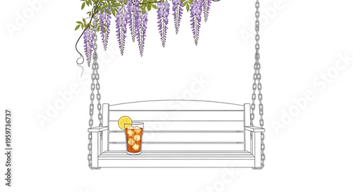 A minimalist vector illustration of a porch swing with a glass of iced tea and wisteria flowers