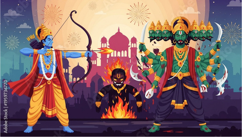 Hindu mythological figures Rama and Ravana stand facing each other with a burning effigy in between.