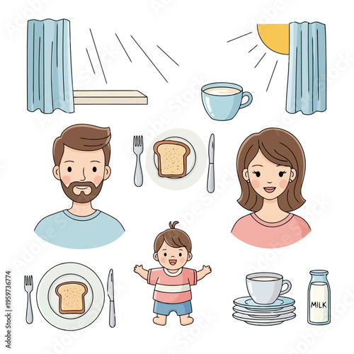 Charming flat design illustration of a happy family enjoying morning breakfast. Parents, baby, toast, coffee, and milk by a sunlit window represent routine and bonding