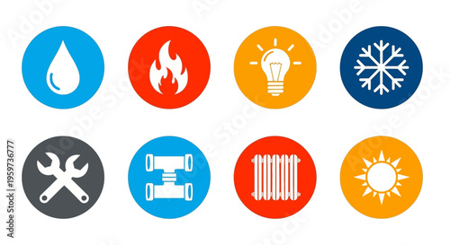 Set of icons representing plumbing, heating, cooling, and energy services for home maintenance and repair