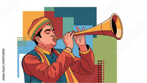 Man in traditional attire plays large horn outdoors with colorful background