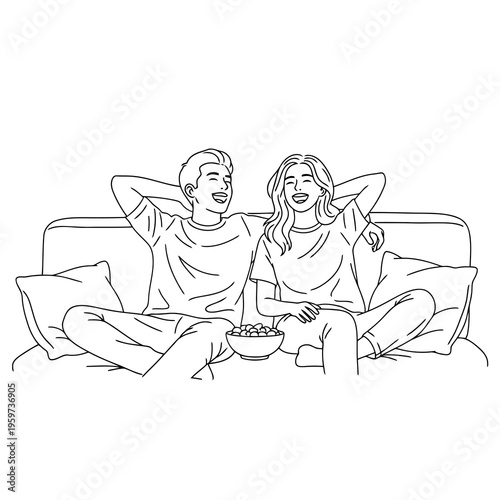 Cheerful young couple enjoying a relaxing movie night at home, laughing and sharing popcorn on the couch, line art illustration depicting domestic happiness and shared entertainment