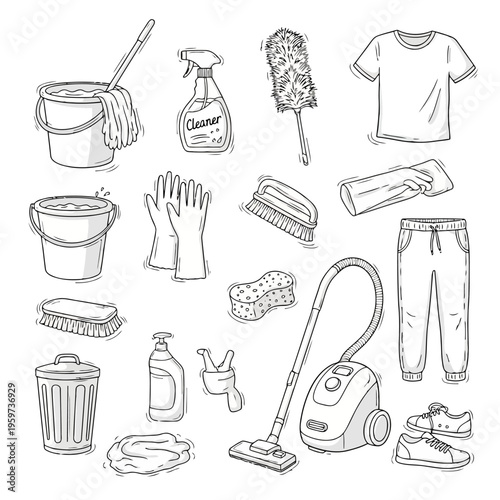 A comprehensive assortment of hand-drawn household cleaning tools and laundry essentials, featuring a variety of items for tidying and maintaining a home environment