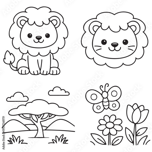 Cute cartoon lion cub and lion head with african landscape and flowers