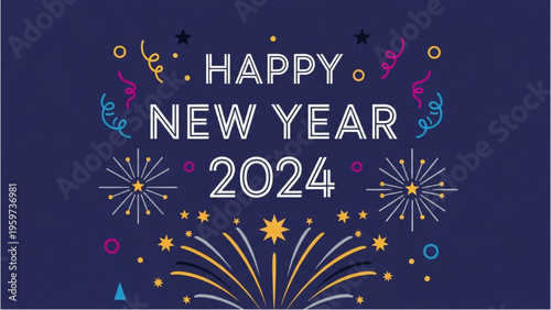 Fireworks explode in night sky with colorful decorations for New Year celebration