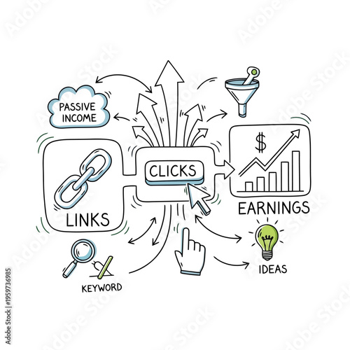 Hand-drawn concept diagram of digital marketing strategy, showing the flow from keywords and links to generating clicks, leading to online earnings and passive income
