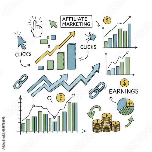 Affiliate Marketing Business Growth Strategy with Clicks, Earnings, and Analytics Graphs