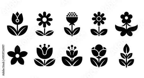 Collection of ten black silhouette flower and leaf vector icons, featuring minimalist and stylized floral designs ideal for graphic projects and nature-themed branding
