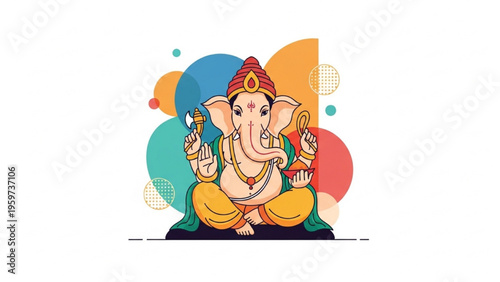 The elephant-headed deity Ganesha sits cross-legged in a colorful illustration
