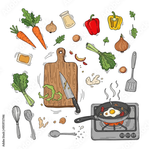 Whimsical hand-drawn illustration of a kitchen scene with fresh vegetables and cooking utensils, featuring a cutting board and a stovetop with a frying pan