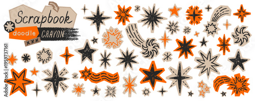 Star crayon collage. Hand drawn star sticker background. Sketch collage scrapbook pattern with crayon pastel texture. Doodle pastel shape. Line brush marker pencil element icon bg. Cute illustration