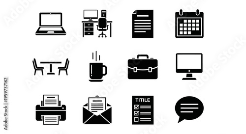 Essential vector icon collection for modern office environments, showcasing professional tools, digital communication, and everyday business tasks in a sleek, monochromatic style