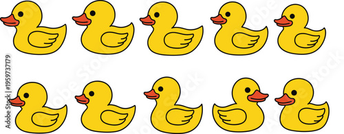 Cute rubber duck cartoon set vector illustration featuring yellow ducks in different poses simple flat style bath toy collection isolated on white background design elements
