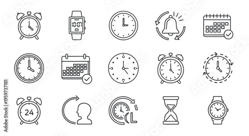 Comprehensive collection of linear icons representing time management, scheduling, clocks, alarms, and calendar events for various digital and print applications