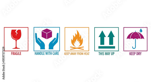 Collection of Universal Handling and Safety Symbols for Packaging, Shipping, and Logistics Guidance